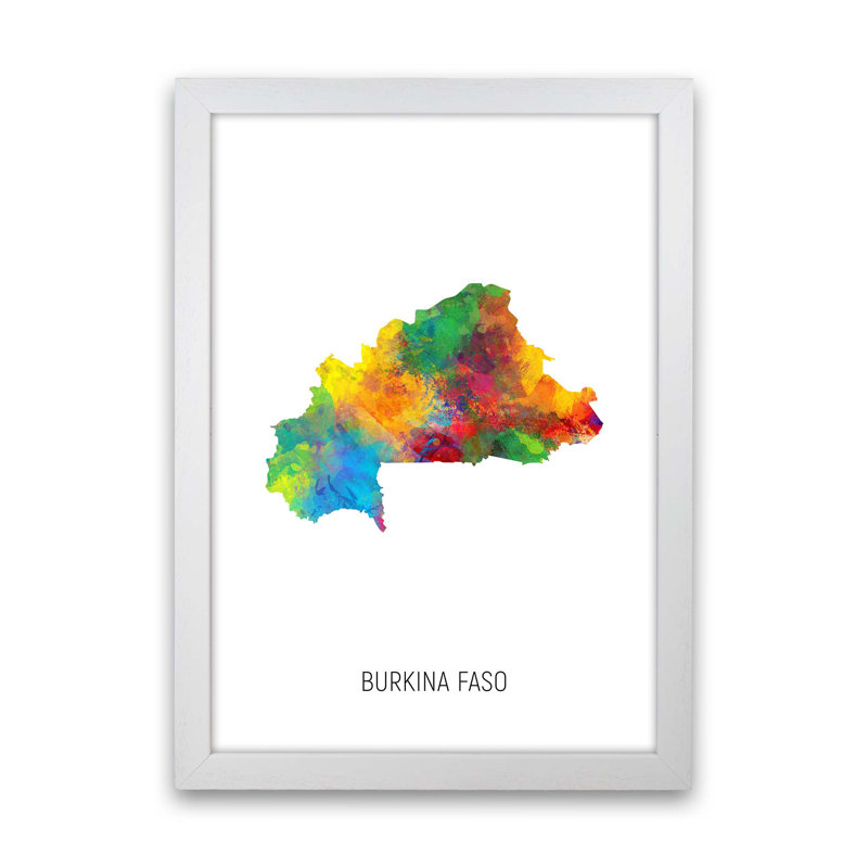 Burkina Faso Watercolour Map by Michael Tompsett - Print, White Framed, 34cm H x 25cm W x 3cm D