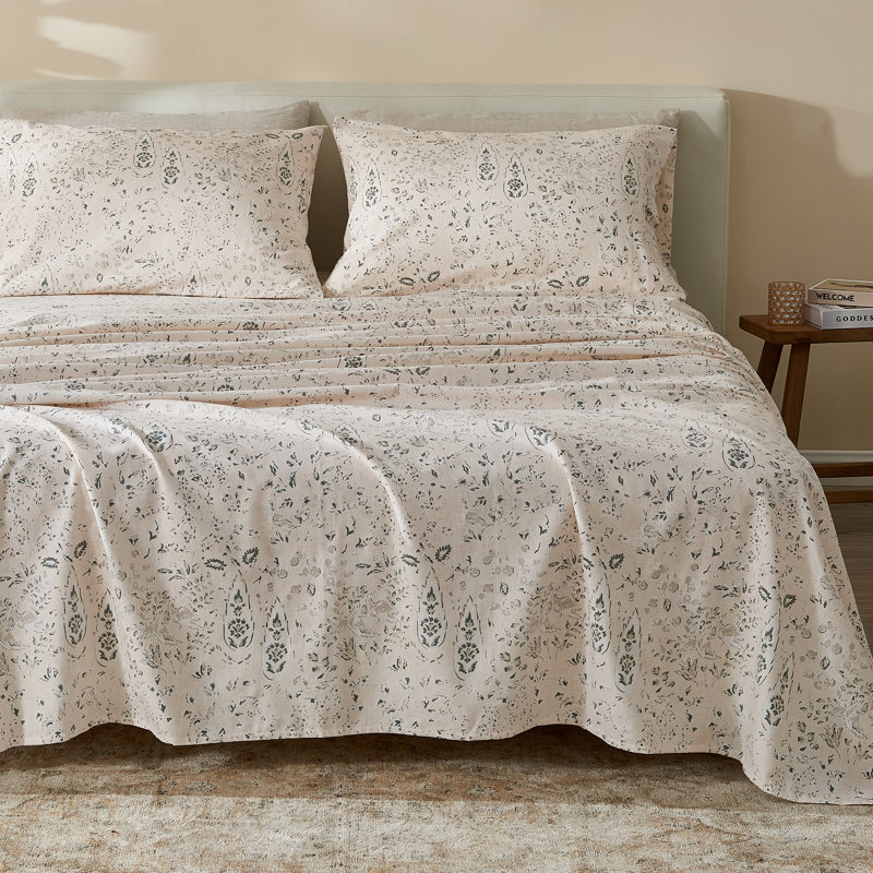 Ensemble de draps 100% coton, Ensemble de draps pour lit très grand californien, Floral abstrait - naturel
