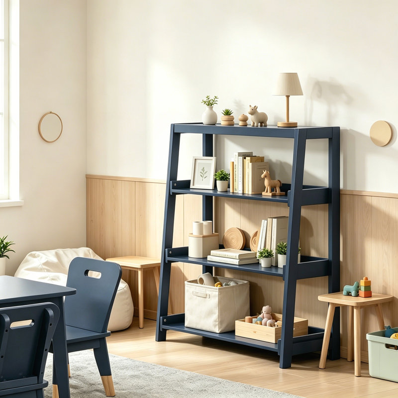 Bibliothèque moderne moderne, 3 tablettes, finition bleue élégante, présentoir en bois, 1 pièce, Marine
