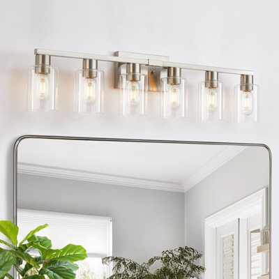 Luminaires de salle de bain 6 lumières, luminaire de meuble-lavabo avec verre transparent, luminaires de salle de bain en nickel brossé au-dessus d'un miroir, grandes lumières de meuble-lavabo