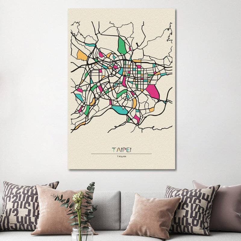 Taipei, carte de Taïwan par Ayse Deniz Akerman - impression sur toile tendue, H 60 po x l 40po x P 1,5 po