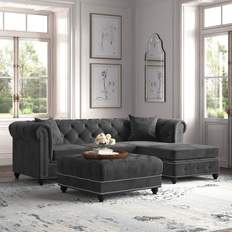 Canapé et méridienne réversible en velours de 96 po de largeur Sabrina, Velours gris