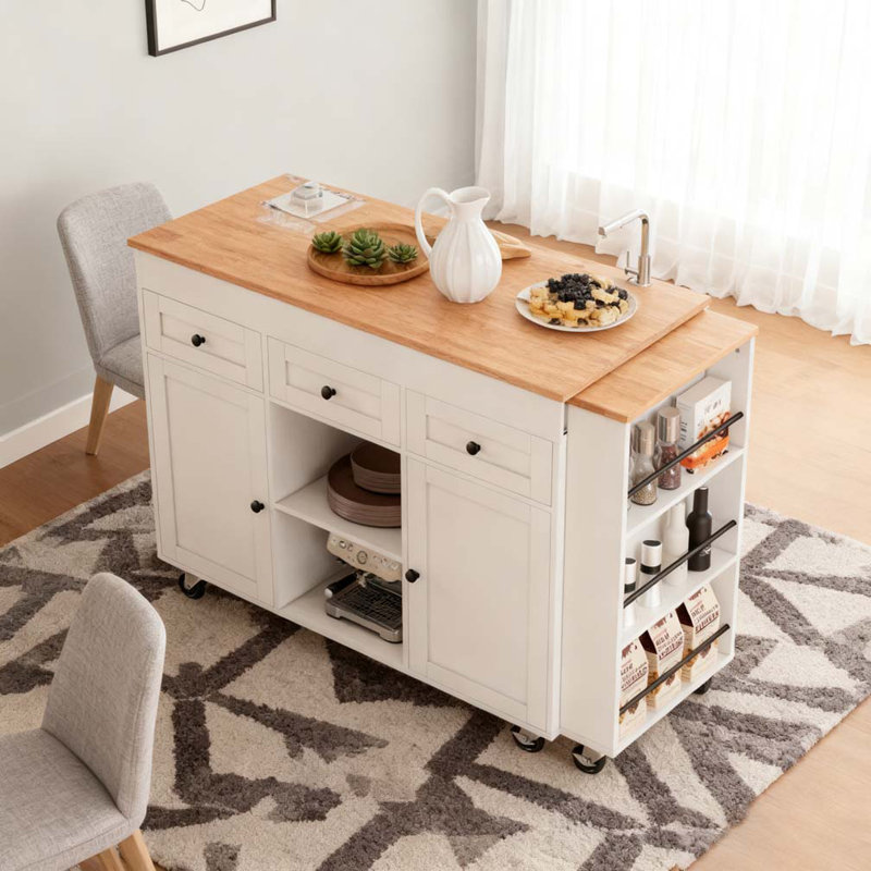 85.5" Kitchen Island with Extendable Dining Table, Kitchen Storage Table with 3 Side Open Shelves, Rolling Kitchen Island with Power Outlet, 3 Drawers, 2 Doors