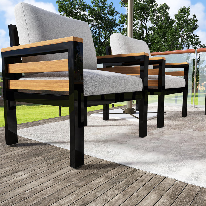 Ensemble de conservation de patio en bois 4 pièces avec accoudoirs en bois d'acacia, coussin amovible et table basse en bois massif