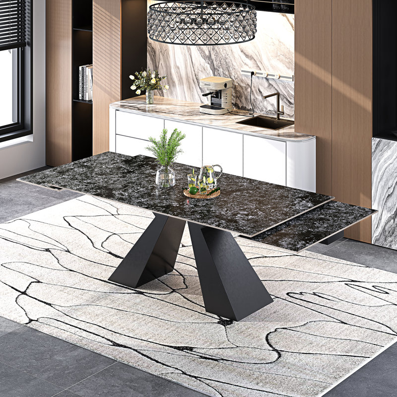 Joceline 78.74'' to 110.23” Extendable Rectangular Sintered Stone Dining Table For 10-12, Starry Night Black