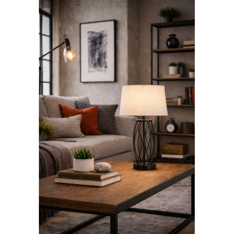Alexarae 50cm Black Frame Style Table Lamp with Linen Shade, Beige
