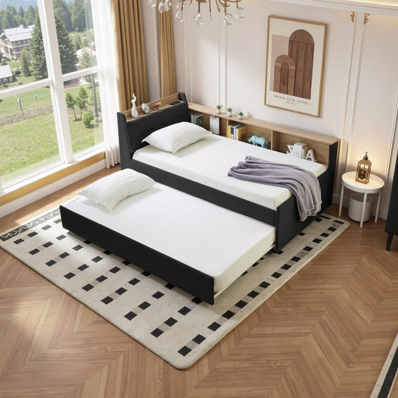 Twin Size Smart Daybed with Trundle, LED Lighting & Wireless Charging Storage Bed, Black