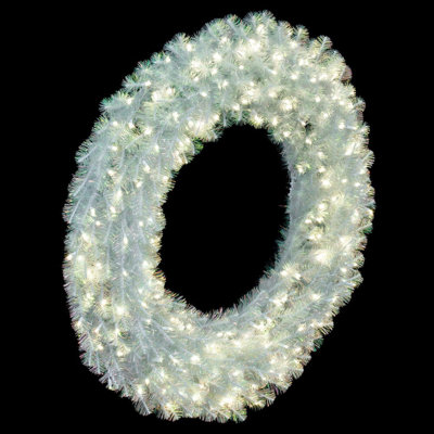 White Iridescent Artificial Pre-Lit Wreath with 100 Warm White LED 5MM Lights.