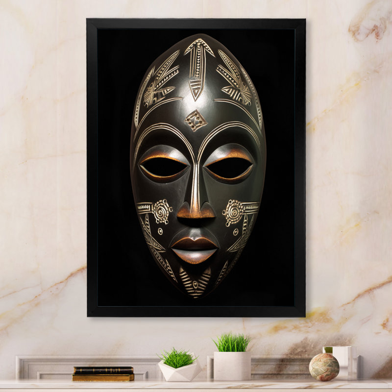 Masque africain traditionnel et ethnique V - art mural tribal africain, H 44 po x l 34 po x P 1,5 po, Cadre simple noir