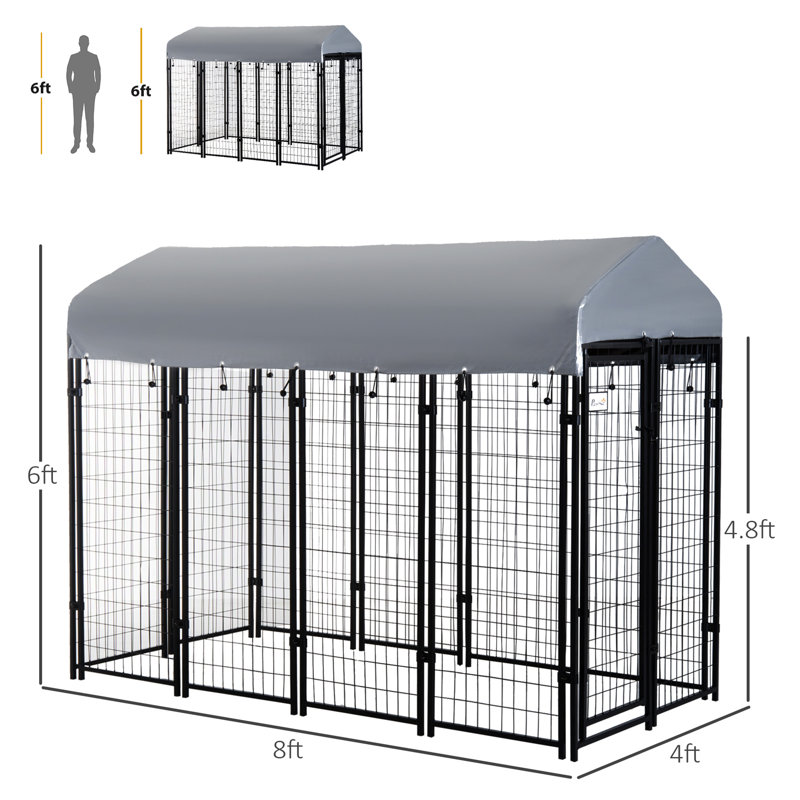 Aire de jeu extérieure pour chien de 8 pi x 4 pi 6 po - Porte verrouillable, abri d'eau, pour chenils de taille moyenne et grande, auvent et chiens de taille