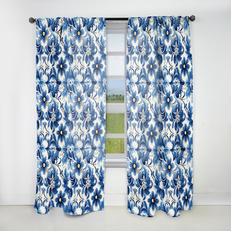 Bleu méditerranéen carreaux fleurs - rideau floral - rideau obscurcissant floral - 1 panneaux, L 52 po x L 95 po