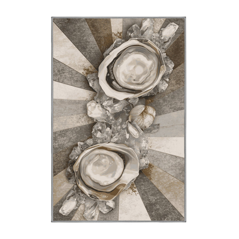 Machine Washable Templeton Oysters On Ice Posh & Luxe Rug in Gray – Gray Binding, 7x10