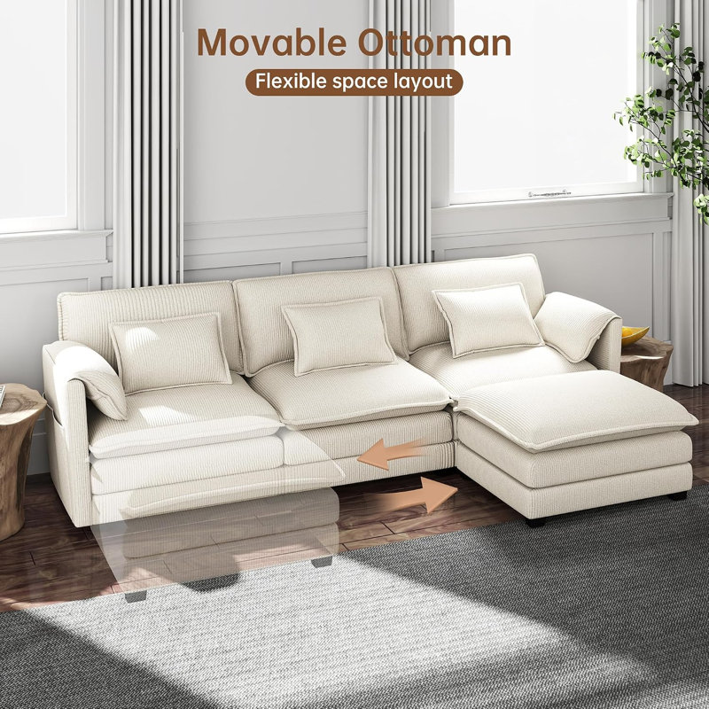 Canapé modulaire 145 po en velours côtelé beige 145 po | Coussin double, assemblage flexible, coussins de fermeture à glissière, velcro et poches latérales