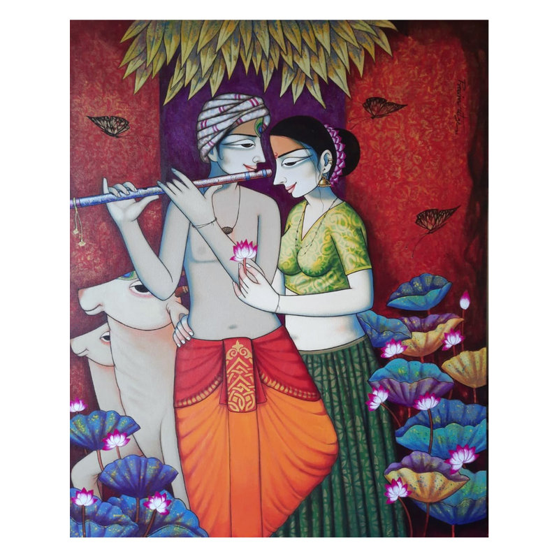 «Radha Krishna debout avec flûte», peinture acrylique sur toile par Pravin Utge