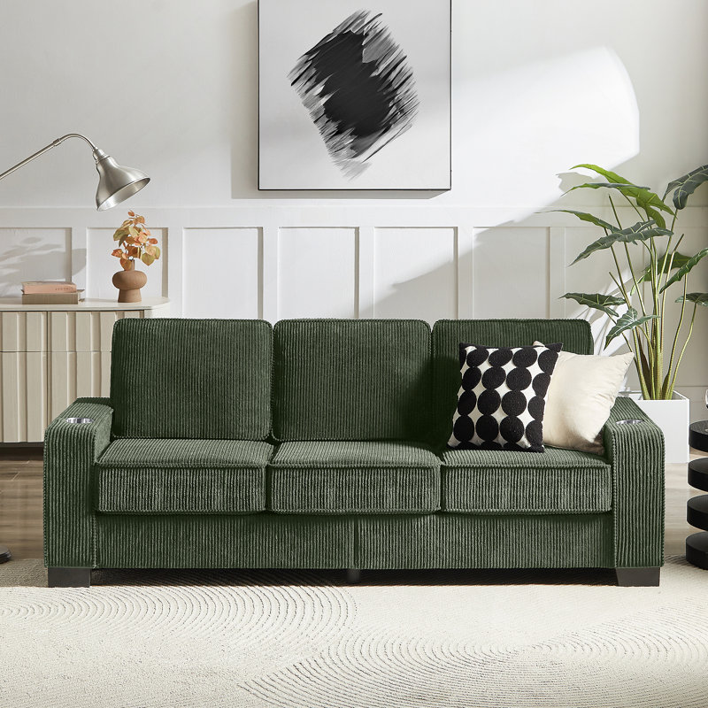 83.86 Corduroy Fabric Sofa, Modern 3-Seater Couch With Built-In Cup Holders, Durable And Pet-Friendly, Green