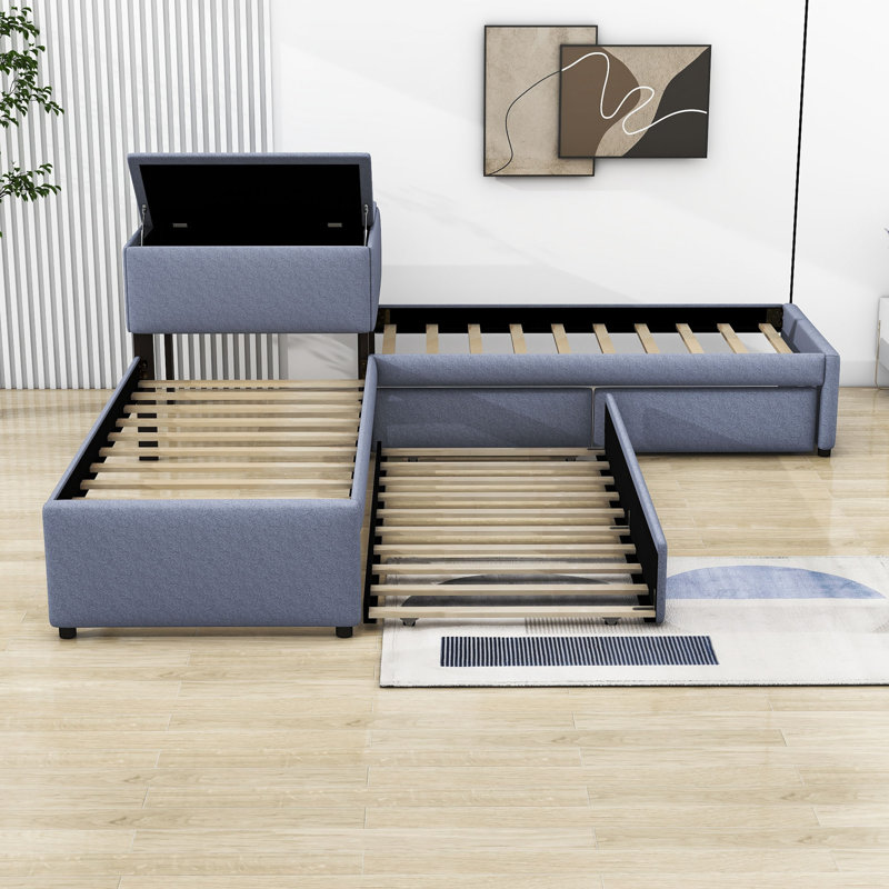 Twin Size Upholstered Platform Bed with Trundle and Storage