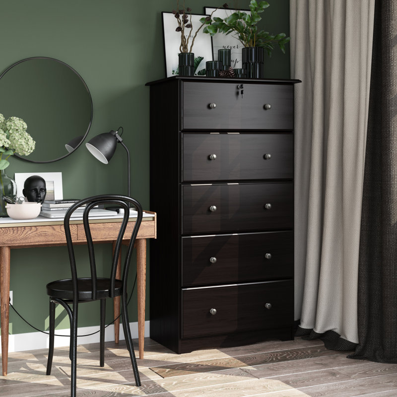 Commode 5 tiroirs 100% bois massif avec serrure et boutons en métal, Java