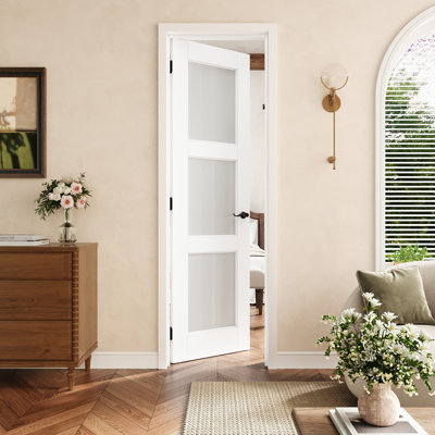 24" x 80" 3-Lite Frosted Glass Interior Prehung Door with Black Hinges, Privacy Glass Door Slab with Frame, Interior Door as Pantry Door, Bedroom Door, Laundry Door, Closet Doors, Room Doors, Left Hand