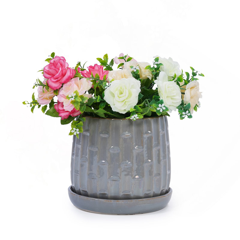 Ensemble de pots à fleurs en céramique émaillée faite à la main gris de 2, 6 po et 8 po de diamètre, à nervures verticales, pour les plantes d'intérieur et d'extérieur, pour les plantes grasses et les tables, en argile respirante avec soucoupes