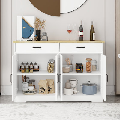 48.05" Buffet Cabinet With 2 Drawers And 4 Doors For Dining Room - White. Large Storage Space, Exquisite Painting Process, Stable Safe White & Doors. For Living Display. Elegant Handles,