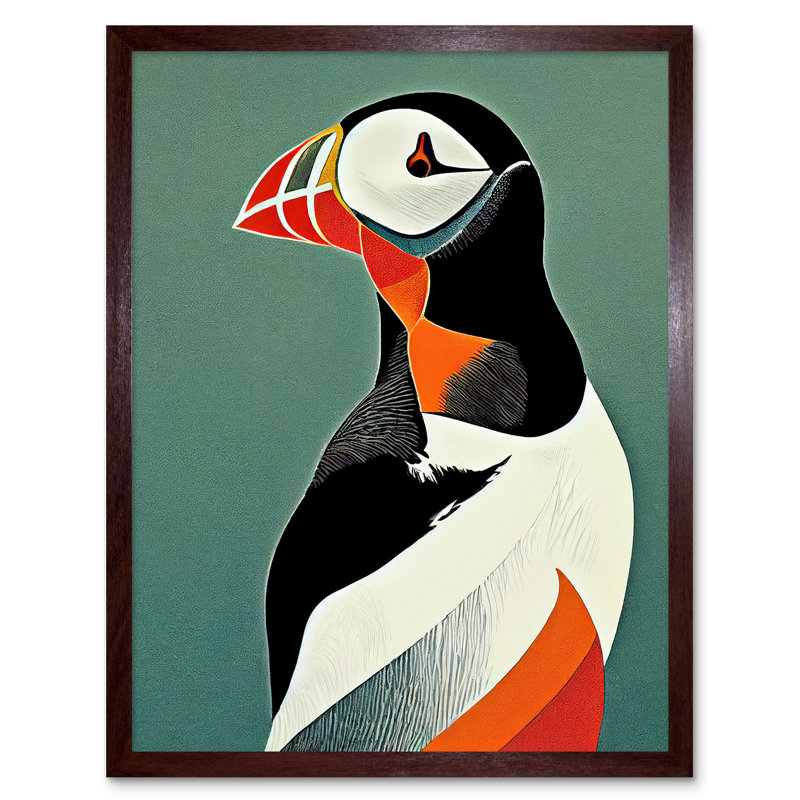 Bright Colourful Atlantic Puffin Bird - Print, Brown Framed Paper, 43cm H x 33cm W