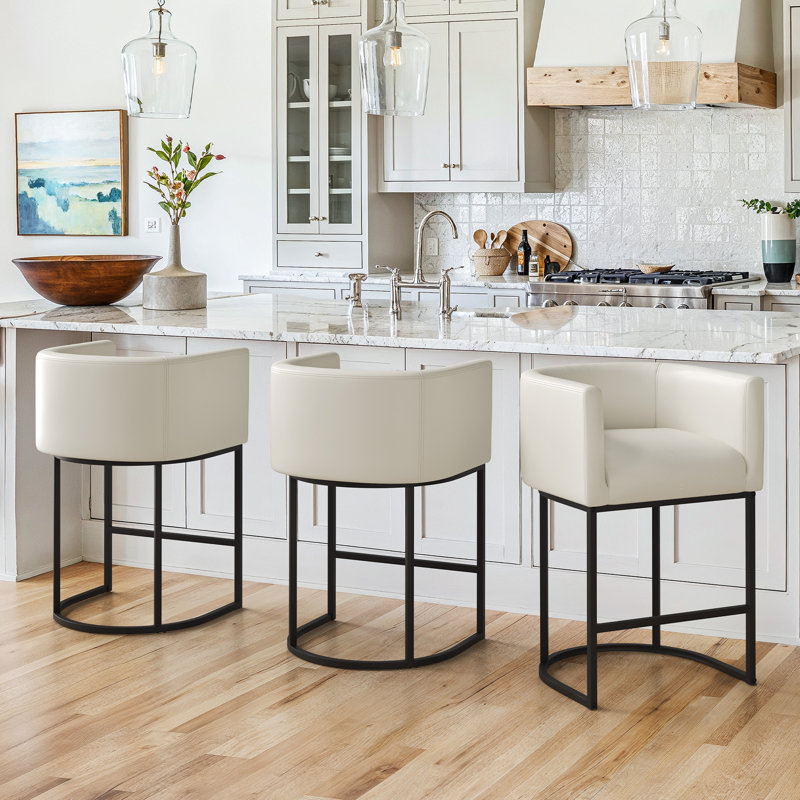 27''Upholstered Counter Stool with Curved Barrel Back, U-Shaped Metal Base, and Footrest