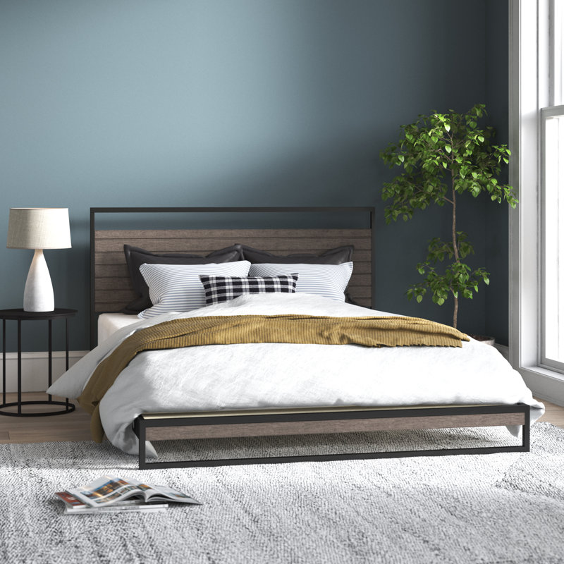 Daniel 37" Low Profile Bamboo and Metal Platform Bed, Queen, Gray Wash