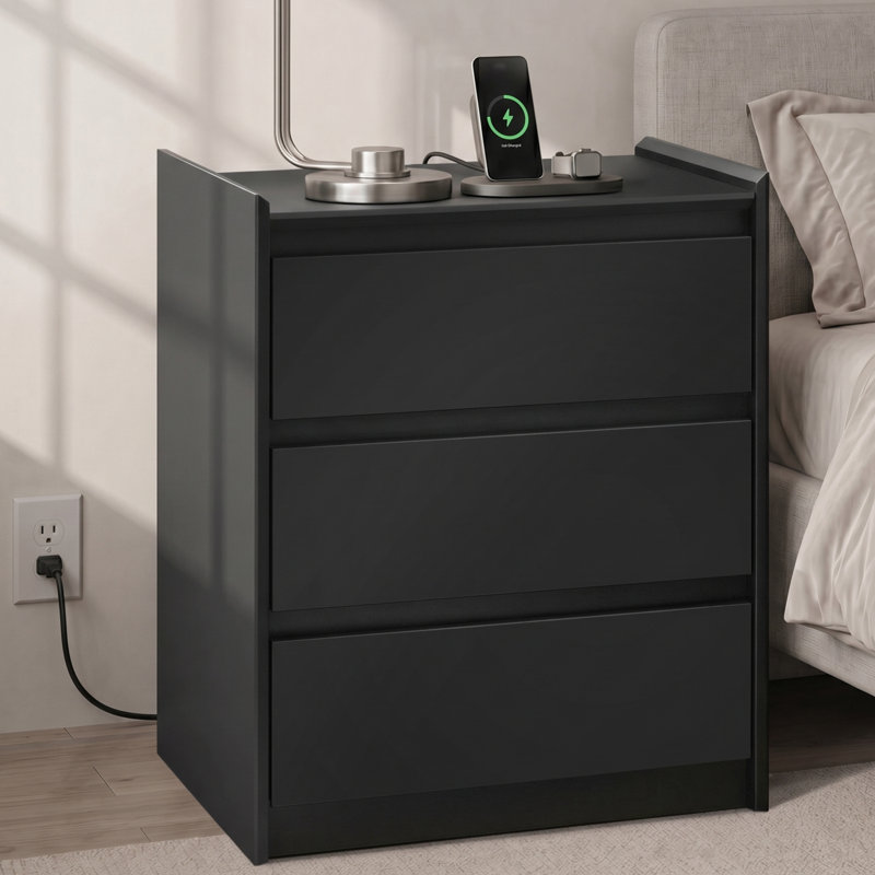 Modern Minimalist 20'' W 3-Drawer Nightstand with Hidden Charging Station, Black, Black, Individual