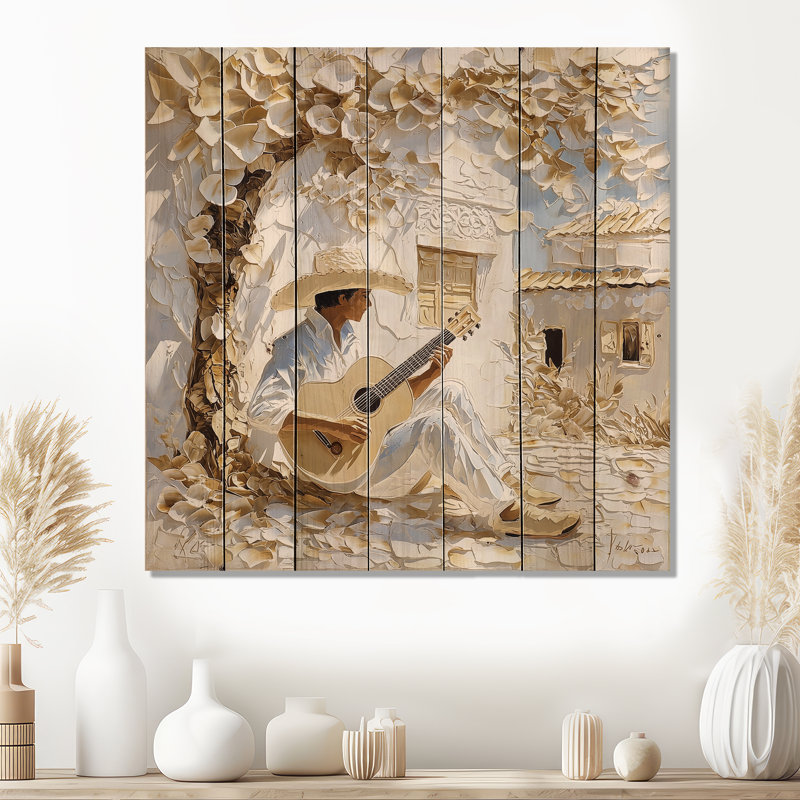 Musicien mexicain dans le village - Mexique, paysage, impression sur bois blanc sur bois de pin naturel, H 25 po x l 25 po