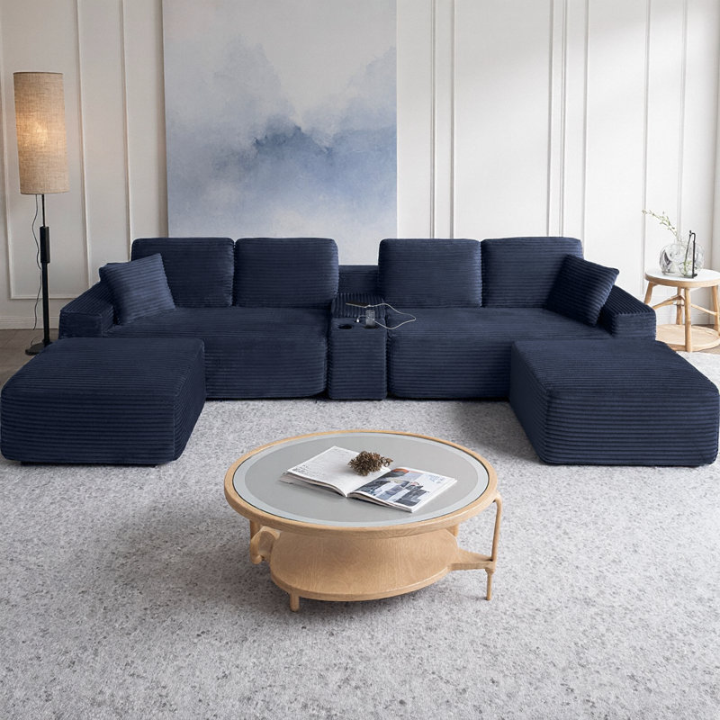 Canapé modulaire de 125 po avec deux repose-pieds, canapé en forme de U avec porte-gobelets, ports USB et rangement, velours côtelé doux pour le salon moderne