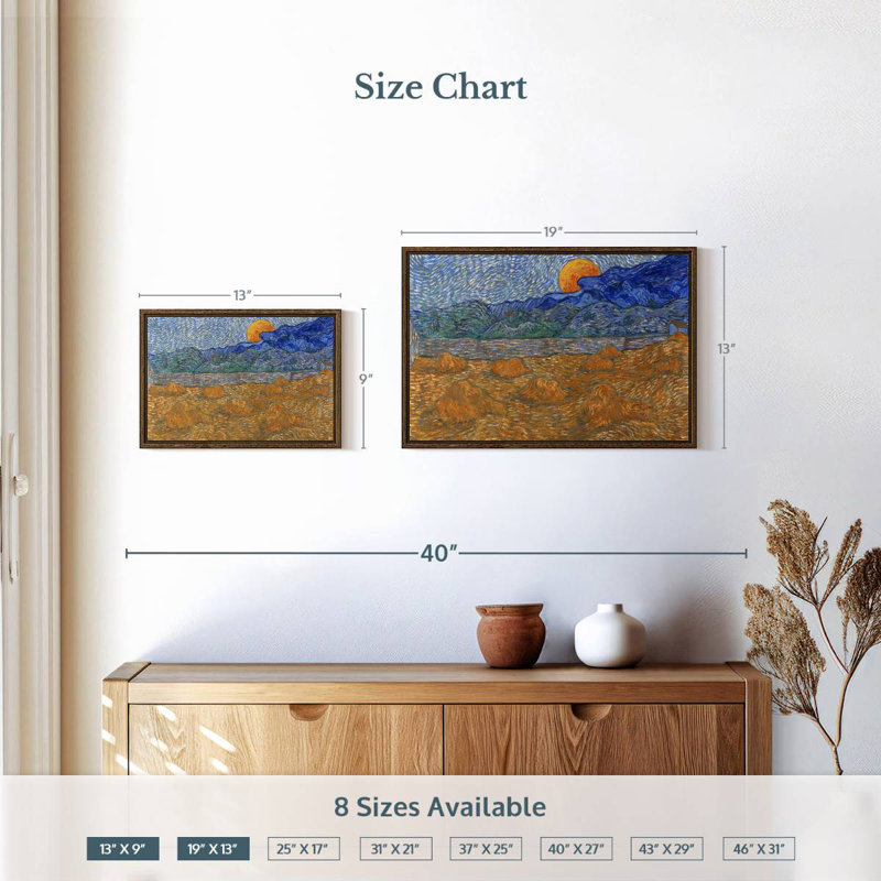 Gerbes de blé et lune montante, 19 po x 13 po, Cadre flottant noyer