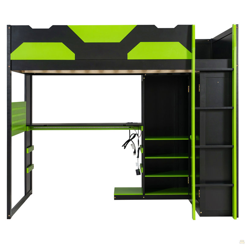 Lit mezzanine double en bois pleine grandeur avec bureau, tablettes multiples, charge USB et lumière RVB pour une vie moderne