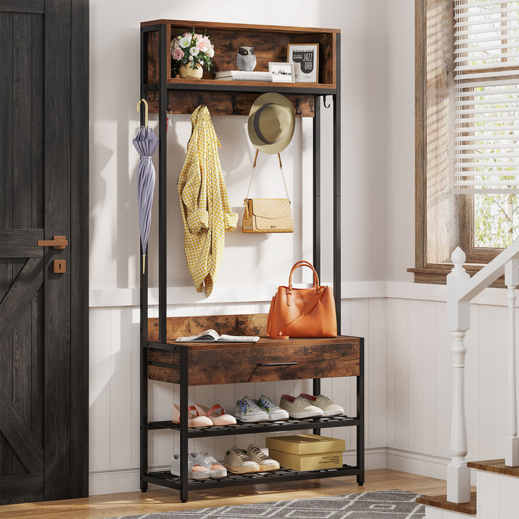 Industrial Hall Tree with Side Storage Shelves, Entryway Bench