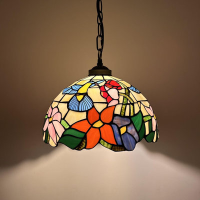Ampoule à DEL Kleist Tiffany avec fleurs à colibris et vitrail orange, bleu, vert et l 12 po x P 12 po x H 60 po