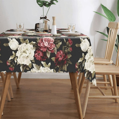 Nappe rétro à motif floral pivoine sur fond noir 60 po x 120 po pour le souper formel et la maison de campagne