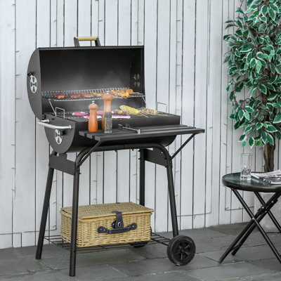Fumoir au charbon de bois 30 po - Barbecue portatif en acier avec tablette de rangement pour le camping, le barbecue noir, l'extérieur et les roues