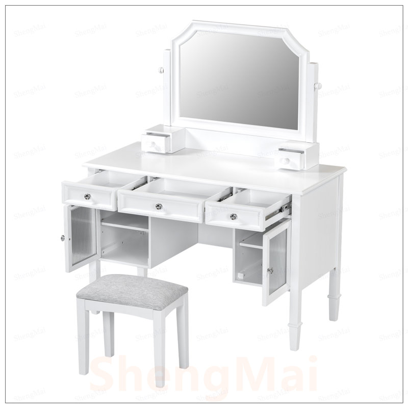 Meuble-lavabo de 44,4 po avec grand miroir réglable, coiffeuse avec tiroir, armoire et coiffeuse pour la chambre