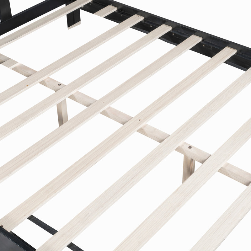 Queen Bed Frame, Solid Wood Platform With Slats, Upholstered Headboard, Black/Green