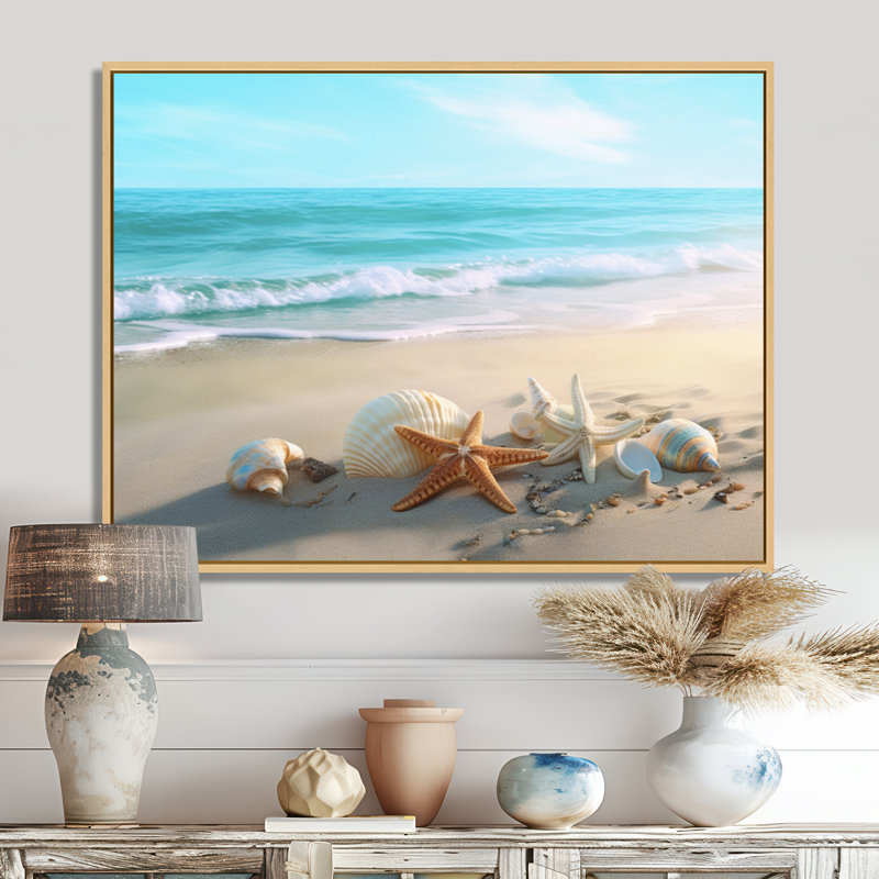 Bord de mer côtier - plage moderne, art mural, H 34 po x l 44 po x P 1,5 po, Cadre flottant érable