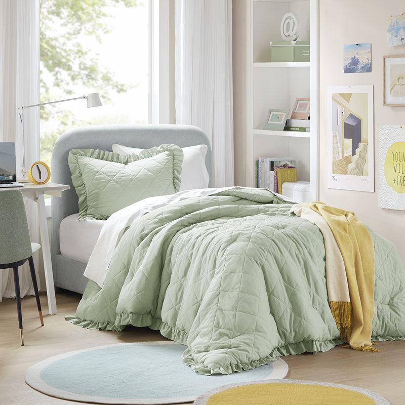 Phoebe Diamond Quilted Ruffle Edge Comforter Set, Sage, Twin / Twin XL Comforter +1 Standard Sham