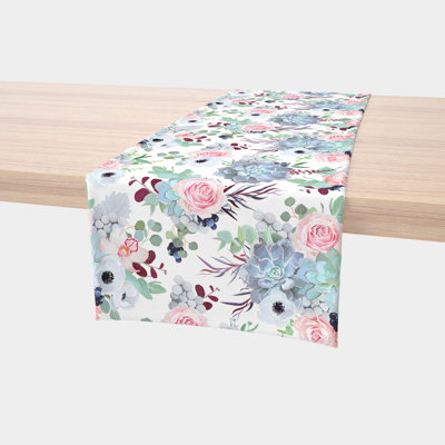 Table Runner, 100% Cotton, 16X108", Pink Roses & Succulents
