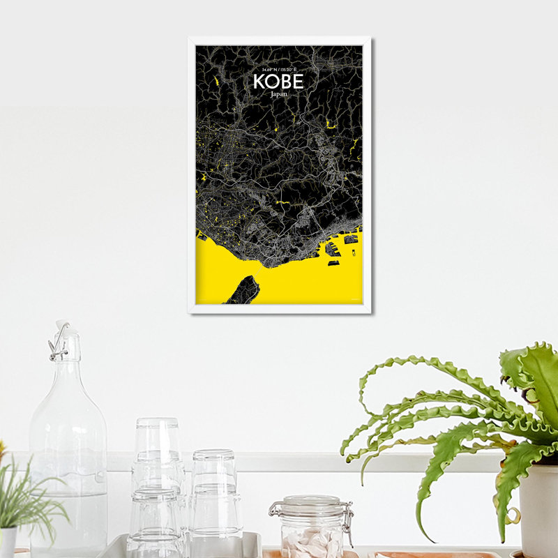 Kobe City Map, impression, H 17 po x l 11 po, Noir/jaune