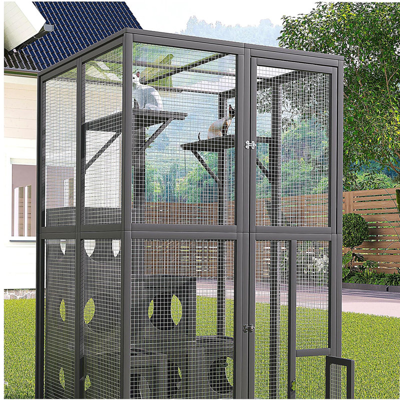Enceinte d'extérieur pour chat avec portes à double entrée Catio, tablettes grimpantes grises, aire de jeu en bois de pin résistant aux intempéries avec 7 boîtes en bois combinées Freely