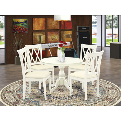 5 Piece Dining Table Set for 4 Includes a Round Kitchen Table with Pedestal and 4 Linen Fabric Dining Room Chairs, 42x42 Inch, Linen White