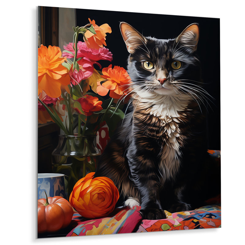 Élégant chat félin en fleurs II, H 20 po x l 12 po x P 1 po