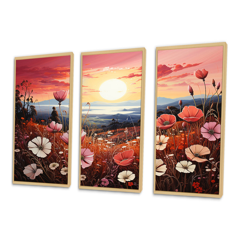 «Pink Crimson Flower Meadow Field II», ensemble d'art sur toile, Cadre naturel flottant, H 32 po x l 48 po x P 1 po