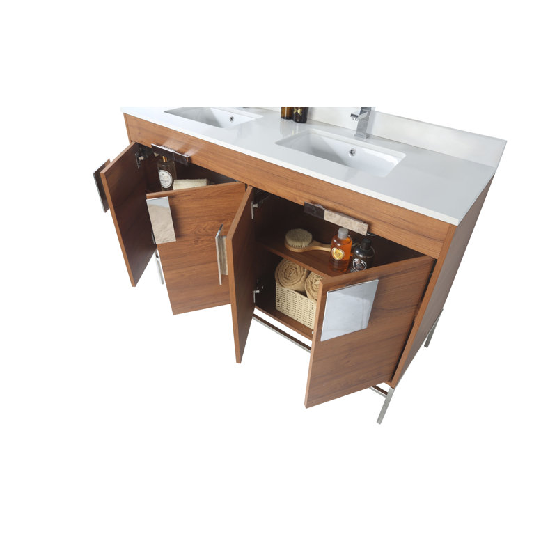 Ensemble de meuble-lavabo double 60 po Tortola, Chrome poli, Noyer épicé