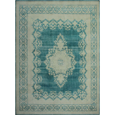 Tapis en laine beige/bleu 9 pi 7 po x 13 pi 1 po one-of-kind à la main noué la Saffo