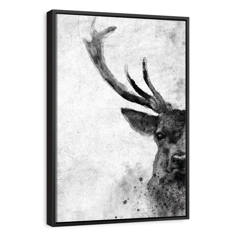 Visage de cerf noir et blanc, Cadre flottant noir, 17 po x 25 po
