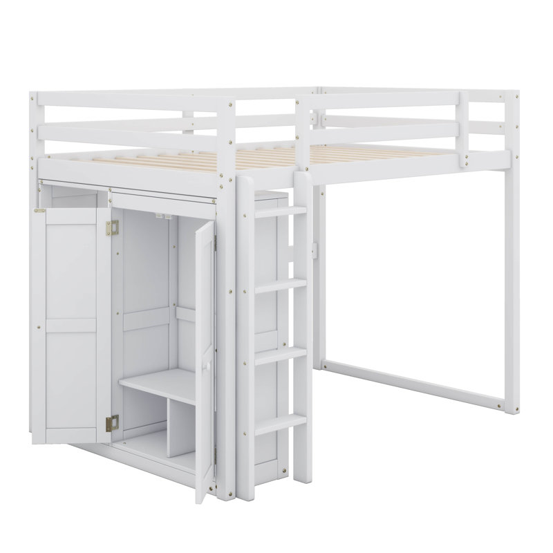 Lit mezzanine en bois pleine grandeur avec tablettes de rangement intégrées pour garde-robe et éclairage DEL, Blanc